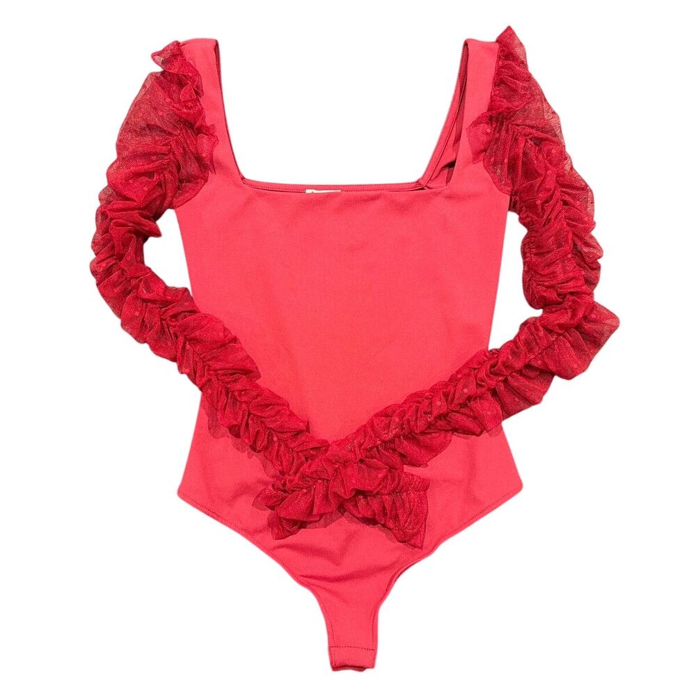 NWOT Free People Must Be Love Bodysuit Mesh Sleeve, Wine Red, Women's Size XS